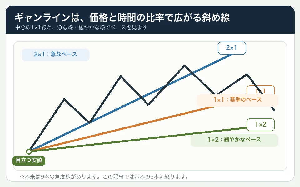目立つ安値を起点に、急な2対1線、基準となる1対1線、緩やかな1対2線を右上へ引くギャンラインの基本図