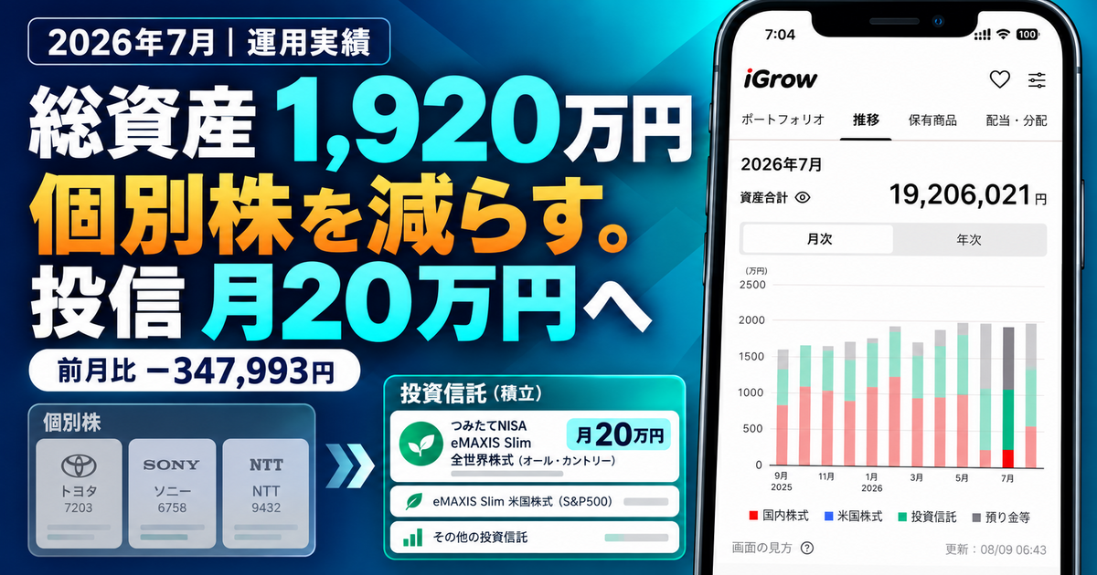 【2026年7月運用実績】総資産1,920万円｜個別株の比率を下げ、投信積立を月20万円へのアイキャッチ画像