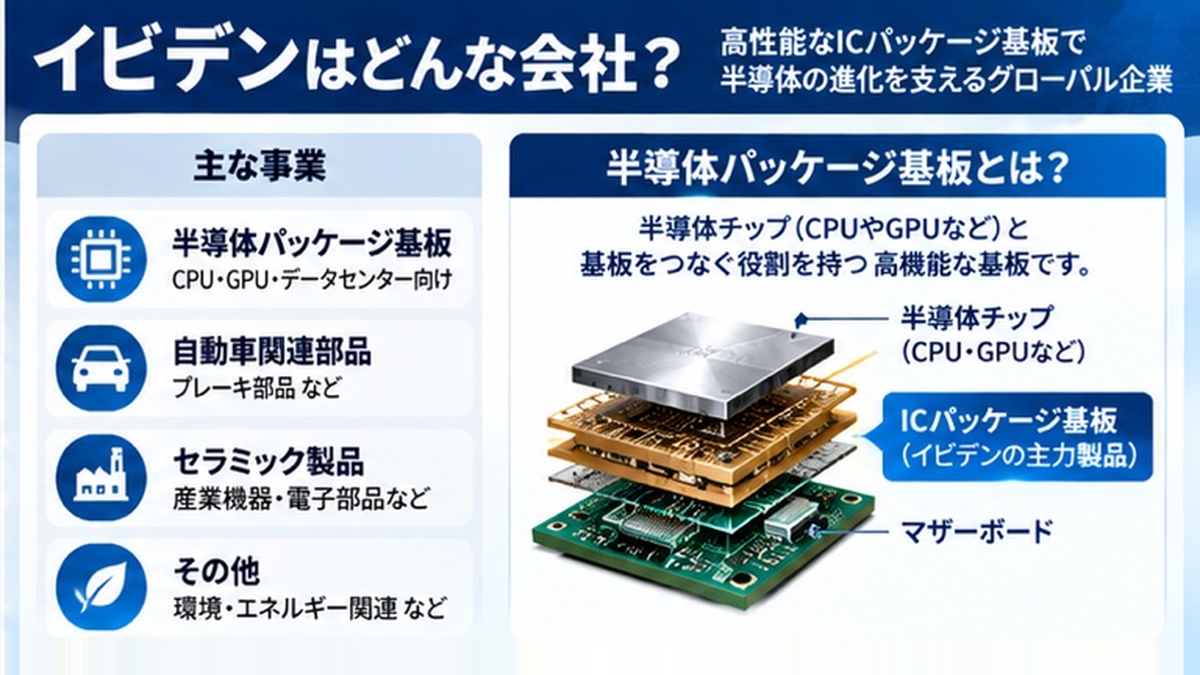 イビデン(4062)の主な事業とICパッケージ基板の役割を示す図解