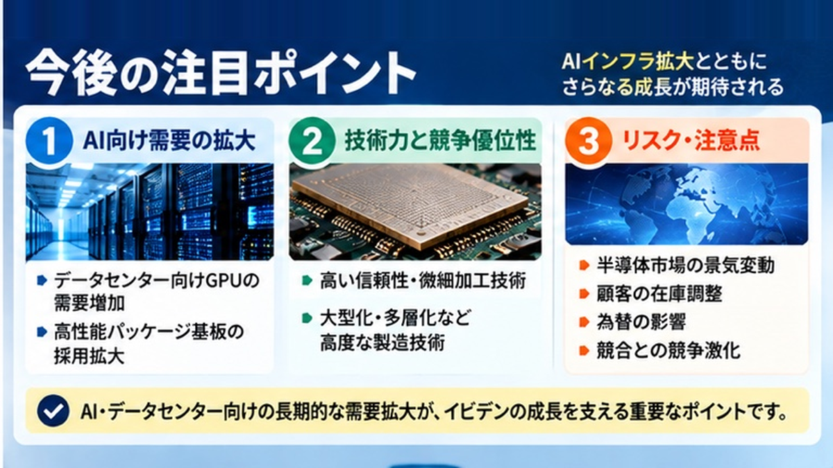 イビデン(4062)の今後の注目ポイントであるAI向け需要、技術力、事業リスクを示す図解