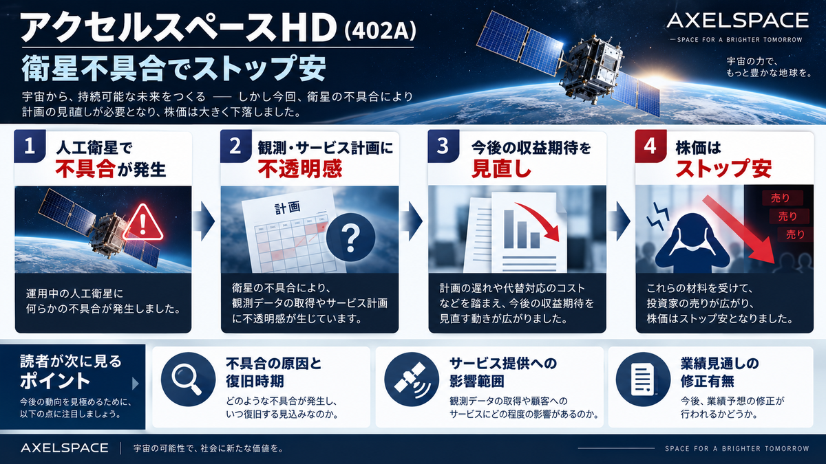 アクセルスペースHD(402A)のGRUS-3で発生した高速通信不具合から観測・サービス計画、収益期待、株価への影響を整理した図解