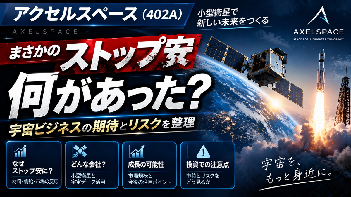 アクセルスペース（402A）のGRUS-3不具合によるストップ安と宇宙ビジネスの期待・リスクを示す記事アイキャッチ